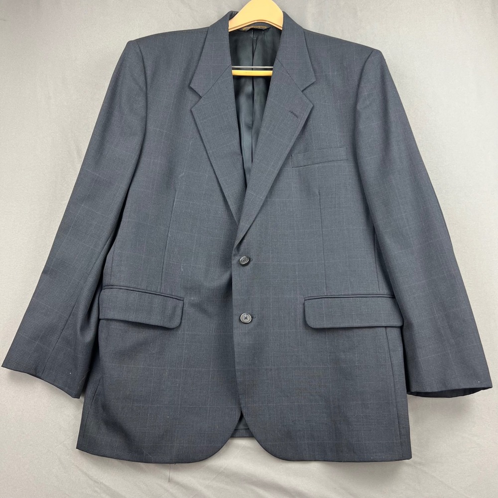 Branford & Taylor Sport Coat Mens Worsted Wool 46R Plaid Blazer Charcoal Gray